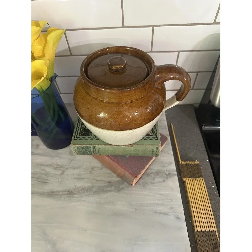 Vintage Antique Stoneware 2 Tone Brown One Handle Crock Bean Pot Americana